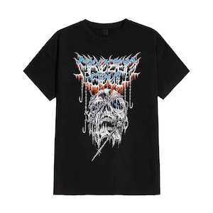 May include: Black t-shirt with a graphic design. The design features a skull with blue eyes, suspended by chains, and the text "MORTAL REBELLION" in blue and orange. The shirt is made of a soft material.