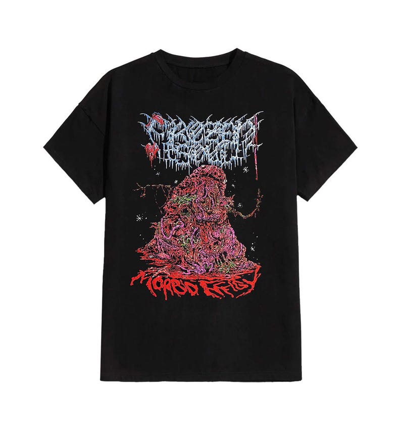 May include: Black t-shirt featuring a graphic design with the text "MORBID REFLECTIONS" in red and a grotesque, colorful illustration. The design includes a mass of pink, red, and green shapes with a detailed, textured appearance. The shirt has short sleeves and a crew neck.