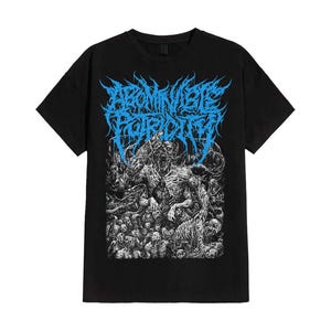 May include: Black t-shirt featuring a detailed, blue and white graphic design. The design includes the text "ABOMINATE HORRIDITY" in a stylized font above a grotesque illustration of figures. The shirt is made of a soft material.