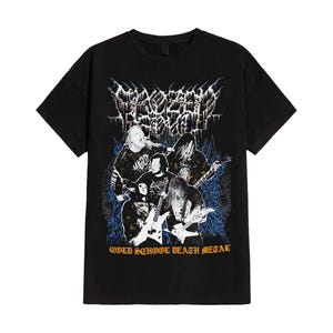 May include: Black t-shirt with a band illustration and the text "OLD SCHOOL DEATH METAL". The graphic shows a band playing instruments, with a stylized logo at the top. The design uses white, blue, and black colours.