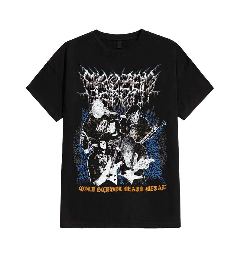 May include: Black t-shirt with a band illustration and the text "OLD SCHOOL DEATH METAL". The graphic shows a band playing instruments, with a stylized logo at the top. The design uses white, blue, and black colours.