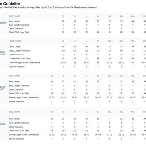 Peut inclure: Tableau des tailles pour t-shirts, manches longues, sweats et sweats &agrave; capuche. Le tableau indique les mesures en cm pour la longueur du corps, la largeur de la poitrine et la longueur des manches, des tailles XS &agrave; 5XL.