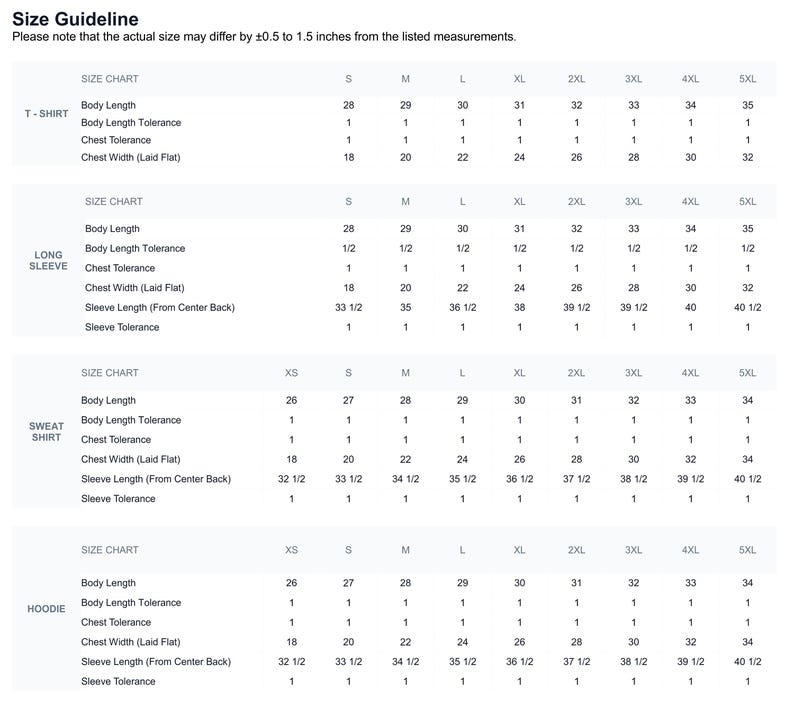 Peut inclure: Tableau des tailles pour t-shirts, manches longues, sweats et sweats &agrave; capuche. Le tableau indique les mesures en cm pour la longueur du corps, la largeur de la poitrine et la longueur des manches, des tailles XS &agrave; 5XL.