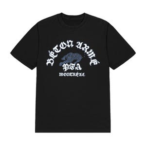 May include: A black short-sleeved t-shirt featuring a graphic of a blue tiger in the centre. Above the tiger, the text reads B&Eacute;TON ARM&Eacute; in white gothic lettering. Below the tiger, the text reads PFA and MONTR&Eacute;AL in white gothic font.