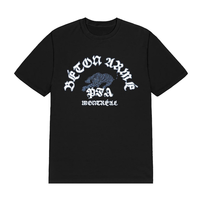 May include: A black short-sleeved t-shirt featuring a graphic of a blue tiger in the centre. Above the tiger, the text reads B&Eacute;TON ARM&Eacute; in white gothic lettering. Below the tiger, the text reads PFA and MONTR&Eacute;AL in white gothic font.