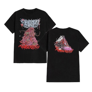 May include: Black t-shirts with a graphic design. The front of the shirt features a red and pink illustration with the text "MORBID EFFIGY". The back of the shirt has a similar design.