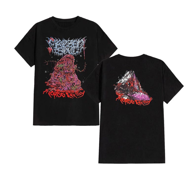 May include: Black t-shirts with a graphic design. The front of the shirt features a red and pink illustration with the text "MORBID EFFIGY". The back of the shirt has a similar design.