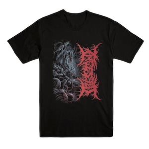 May include: A black short-sleeve t-shirt featuring a graphic print on the front. The design displays a dark, intricate illustration of twisted branches and skeletal forms in shades of grey, alongside bold, jagged red text in a stylized font.