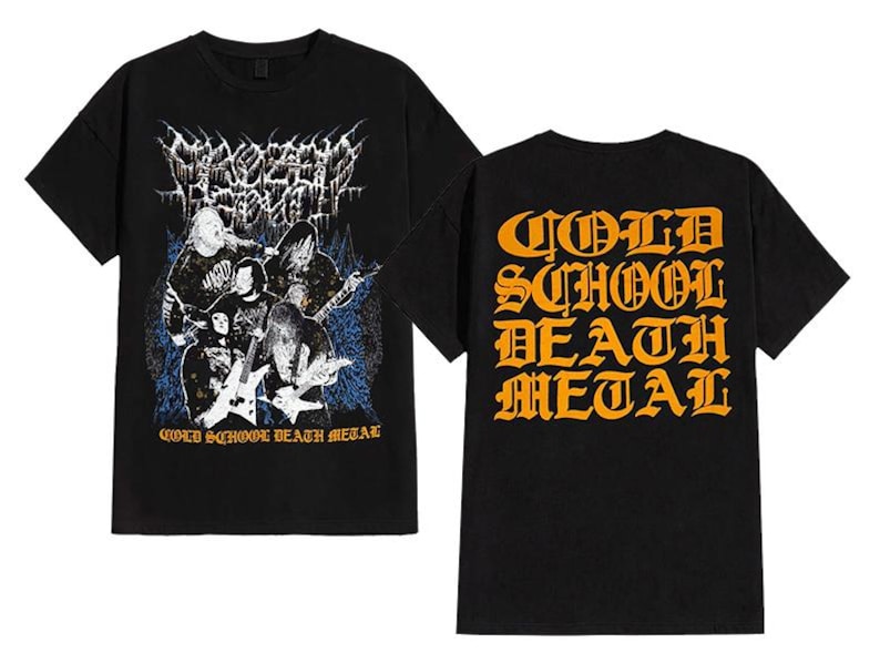 May include: Black t-shirt with a band graphic. The front displays a band image with the text "MORBID ANGEL" and "OLD SCHOOL DEATH METAL." The back of the shirt has the words "OLD SCHOOL DEATH METAL" in orange.