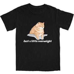May include: Black t-shirt with a cartoon cat in orange and tan stripes sitting on a scale. The text "Just a little overweight" is printed below the cat in white.