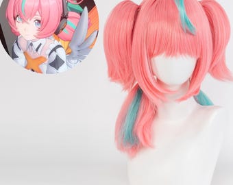 Rosa Teal Twin Tail Cosplay Perücke Kurze Anime Style Perücke Hitzebeständige Faser Doppel-Pferdeschwanz-Perücke Spiel Charakter Perücke Konvention Perücke für Frauen