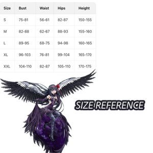 May include: A size chart with bust, waist, hips, and height measurements in centimeters. The chart is above a figurine of a character with large black and white wings, wearing a dark purple dress. The text "SIZE REFERENCE" is also present.