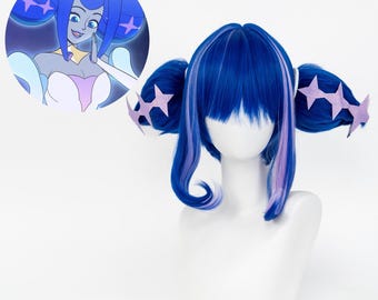 Peluca de cosplay de Ginebra, azul, cabello dividido, peluca de personaje de anime/juego, peluca de fantasía de la Orden de los Caballeros con accesorios de estrellas para mujer, peluca larga en capas.