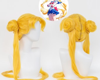 Moon Blonde Long Anime Cosplay Wig Twin Bun Style Costume Hairpiece Magical Girl Character Halloween Convention Role Play Anime Gold Hair