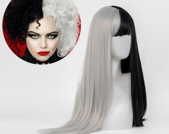 Black White Split Color Long Straight Cosplay Wig High Temperature Fiber Halloween Party Stage Performance Dramatic Villain Style Hair