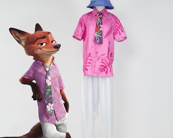 Conjunto de camisa tropical rosa de Nick Wilde inspirado en Zootopia2, disfraz de Cosplay para vacaciones en el parque, ropa de Cosplay de verano para hombres, viajes, fiestas navideñas