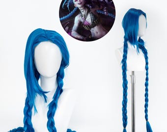 Jinx Cosplay Perücke Arcane League of Legends Lange Blaue Geflochtene Perücke Anime Gamer Girl Perücke Hitzebeständige Kostüm Perücke für Frauen