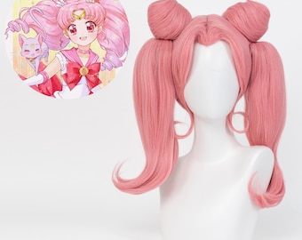 Handgefertigte vorgestylte Pink Anime Twin Tail Cosplay Perücke Lange Gewellte Kunsthaar Doppel Brötchen Magische Mädchen Kostüm Perücke Cosplay Party Halloween