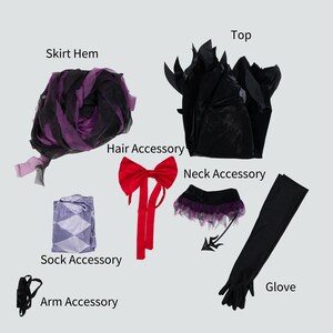 May include: A costume set featuring a black top, skirt hem, glove, and neck accessory. The set includes a red bow hair accessory, a pair of socks, and an arm accessory. The skirt hem is black and purple.