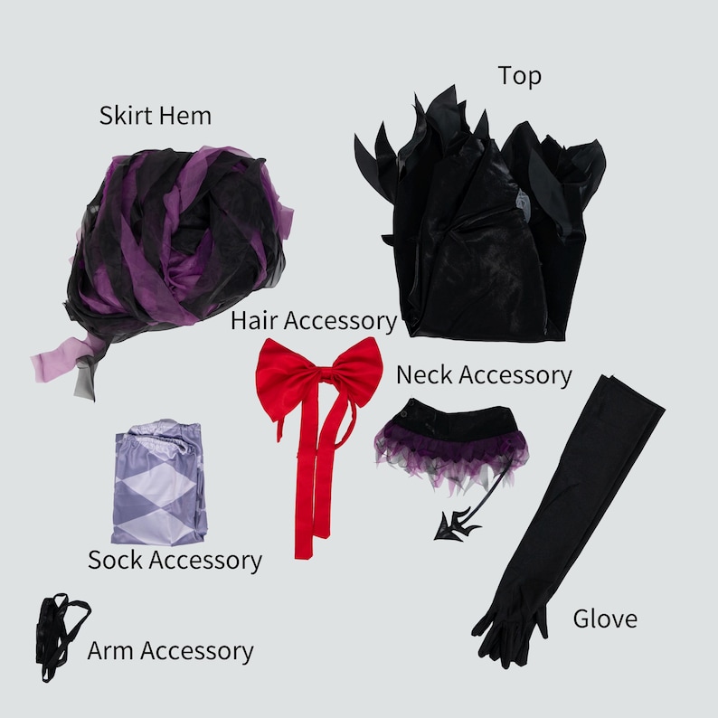 May include: A costume set featuring a black top, skirt hem, glove, and neck accessory. The set includes a red bow hair accessory, a pair of socks, and an arm accessory. The skirt hem is black and purple.