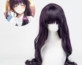 Kazuko Wakuri Long Wavy Dark Purple Wig Synthetic Hair for Cosplay Anime Character Costume Heat Resistant Fiber Lolita Style Curly Wig Party