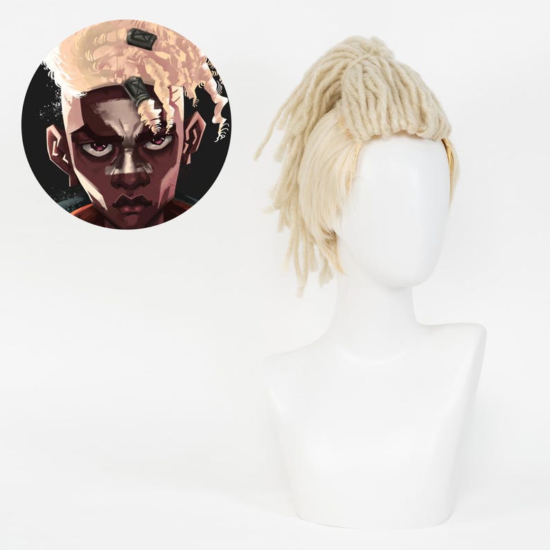 May include: A blonde wig with dreadlocks styled on a mannequin. The wig is light beige and has a short, choppy style. A circular illustration of a person with blonde hair and a stern expression is on the left.