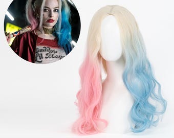 Harley Quinn Suicide Squad Cosplay Wig Pink Blue Gradient Long Curly Wavy Heat Resistant Synthetic Hair Wig for Halloween Party