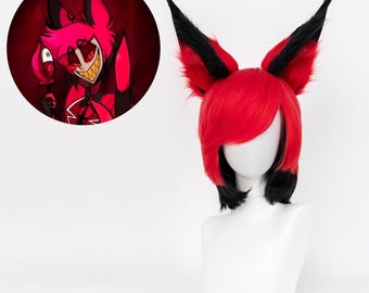 Dämon Rot und Schwarz Kurze Cosplay Perücke Abnehmbare Gehörnte Ohren Anime Style Kostüm Perücke Halloween Bühnenauftritt Charakter Rollenspiel Für Fans