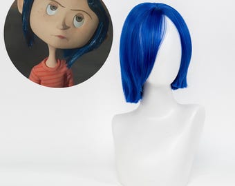Coraline Blue Short Bob Wig High Temperature Fiber Cosplay Hairstyle Movie Costume Accessory Anime Blue Hair Halloween Parties Fans Dress Up