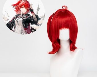 Arknights New Testament Exusiai Cosplay Wig Layered Berry Red Synthetic Wig Heat-Resistant Hairpiece for Anime and Game Conventions