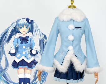 Traje de invierno para cosplay de Snow Miku, abrigo de lana azul, falda con bordado de copos de nieve, uniforme escolar japonés, disfraz para sesión de fotos de convención de anime