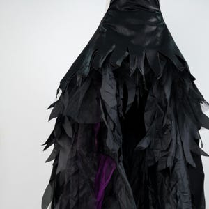 May include: A black costume dress with a layered design. The top portion has a jagged edge, and the skirt features multiple layers of fabric, including tulle and feather-like accents. A flash of purple fabric is visible.