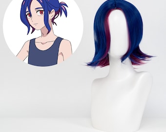 Shuji Ito Inspired Cosplay Wig Two-Tone Blue and Magenta Short Hair Heat-Resistant Synthetic Wig for Anime Cosplay Halloween Costume