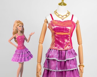 Dream Girl Dollhouse Cosplay Costume Pink Sequin Dress with Necklace Earrings Bracelet Pinkcore Party Outfit Aesthetic Halloween Costume