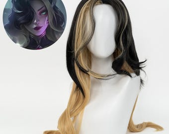 League of Legends Coven Ahri Inspired Cosplay Wig Black and Blonde Highlighted Long Wavy Hair Costume Wig Gaming Cosplay Stage Performance