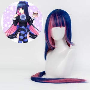Può includere: Parrucca blu e rosa su una testa di manichino bianca. La parrucca presenta una base blu con riflessi rosa e una lunga coda di cavallo fluente. Un'illustrazione in stile anime è sullo sfondo, raffigurante un personaggio con capelli abbinati.