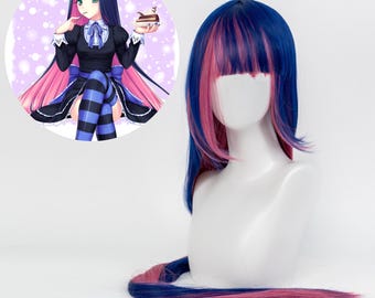 Panty and Stocking Stocking Cosplay Wig Two Tone Blue Pink Long Straight Anime Wig Synthetic Hair Elastic Rose Net 80cm Costume Prop