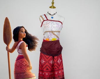 Moana 2 Inspiriert Cosplay Kostüm Set mit Tropical Grass Rock Ozean Muster Top Rot Halskette Zubehör Geburtstag Party Halloween Outfit