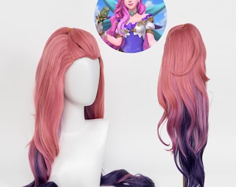 KDA Seraphine Perücke League of Legends Cosplay Perücke Rosa Lila Lange gewellte Anime Perücke Starry Eyed Songstress Perücke Hochtemperaturfaser