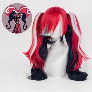 May include: A vibrant wig in red, white, and black, styled with pigtails. The wig has a red base with white and black highlights, arranged into two high pigtails. A cartoon image with a matching colour scheme is in the upper left.