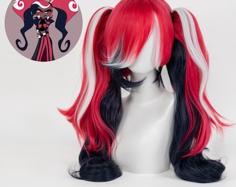Hazbin Hotel Cosplay Perücke Lange Doppel Pferdeschwanz Split Farbe Rosa Schwarz Dämon Stil Anime Haarteil 80 cm Hitzebeständige Faser Kostüm Rollenspiel