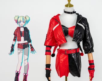 Harley Quinn Cosplay Set Rot Schwarz PU-Leder Jacke Shorts BH Top Handschuhe Gürtel und Choker für Frauen Halloween Comic Con