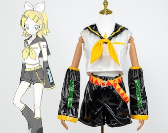 Kagamine Rin Cosplay Komplettes Set Glänzende Polyester Sailor Uniform von Vocaloid mit Top Shorts Ärmeln Gürtel Krawatte Bunny Ohr Stirnband