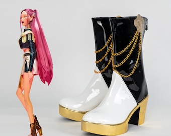 Dämon Jägerin Kader Cosplay Stiefel glänzend Kunstleder Fantasy Jägerin Kostüm Schuhe Gold Kette Bühne Konvention Cosplay
