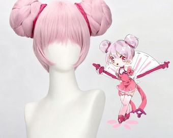 Peluca rosa estilo moño para cosplay, fibra resistente al calor, para convenciones de anime y juegos de rol.