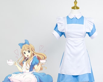 Blue Maid Dress Cosplay Set Lolita Apron Ruffle Skirt Peter Pan Collar Kawaii Soft Girl Outfit with Bow Headband Halloween Costume Women