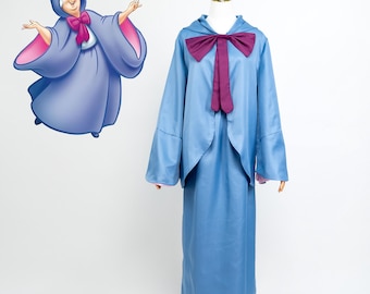Fairy Godmother Costume by Cinderella Elegant Blue Hooded Cloak Dress with Magenta Bow Outfit for Halloween Cosplay and Fairy Tale Events