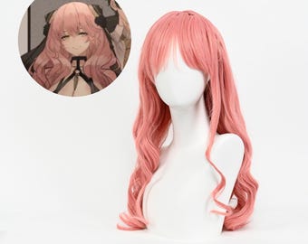 Acia of Purgatory Pink Long Wavy Cosplay Wig with Airy Bangs Heat-Resistant Fiber Natural Loose Curls Adjustable Cap for Anime Roleplay Fans