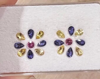 Colored Gemstone Cluster set for Earrings, yellow beryl, pink tourmaline, iolite