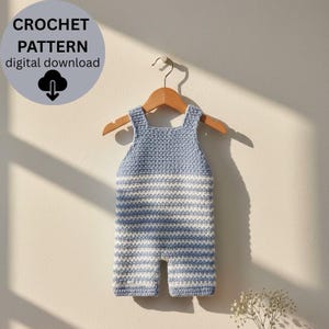 May include: A blue and white striped crochet baby romper hanging on a wooden hanger. The top portion is solid blue, while the lower section features horizontal stripes. The image includes the text "CROCHET PATTERN digital download".